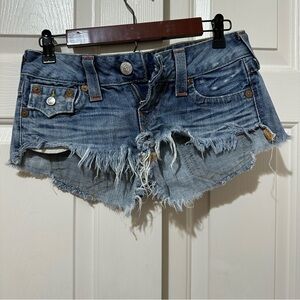 VTG Y2K True Religion Joey Cut Off Denim Micro Shorts Size 26 Low Rise USA Made